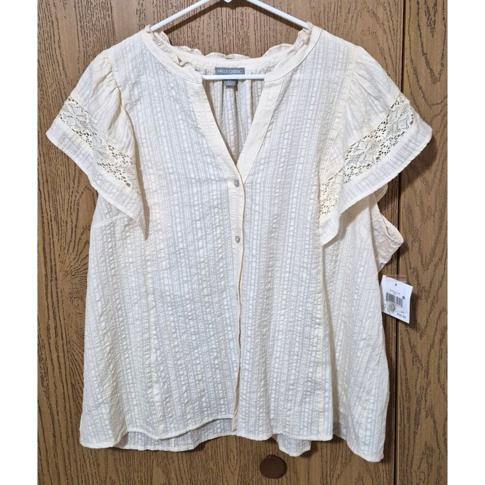 Falls Creek Women's Cream Flutter Lace Sleeve Button Down Blouse Top 2X NWT